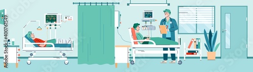 Healthcare clinic interior with patients lying in beds and doctor, flat cartoon vector illustration. Interior of hospital room with equipment and patients.