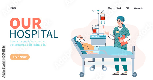 Website page for hospital with attending physician visits the patient in the hospital ward, flat cartoon vector illustration. Landing web page for hospital services.