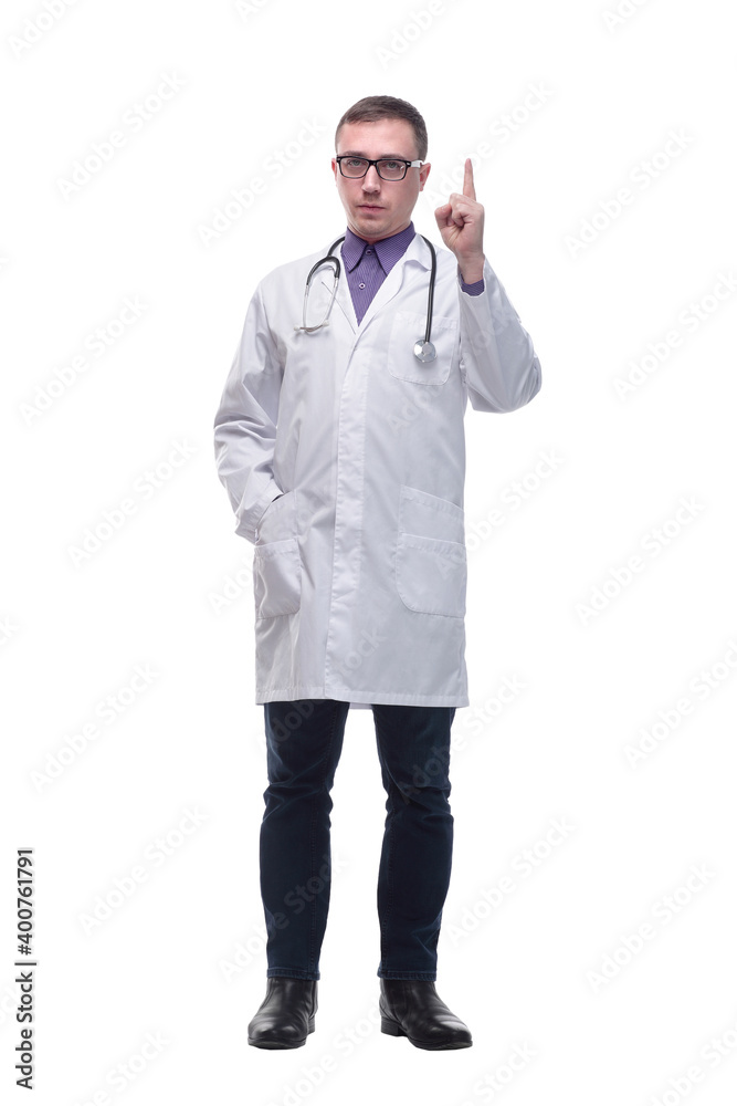 Confident smiling doctor with lab coat pointing an looking at camera Confident smiling doctor with lab coat pointing an looking at camera