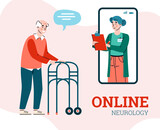 Online neurology banner with neurologist consulting elderly man, cartoon vector illustration. Medical concept of neurological diseases and disorders of nerves.