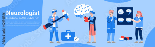Horizontal banner with concept of medical consulting with neurologist. Diagnostic, research and treatment of neurology disease in hospital. Vector flat illustration.
