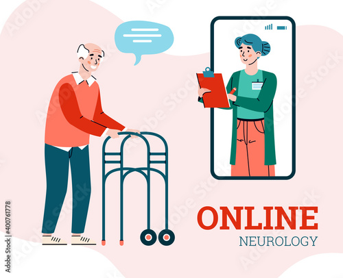 Online neurology banner with neurologist consulting elderly man, cartoon vector illustration. Medical concept of neurological diseases and disorders of nerves.