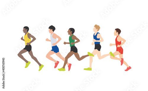Men dressed in sports clothes running marathon race. Participants of athletics event trying to outrun each other. Flat cartoon characters isolated on white background. Vector illustration.