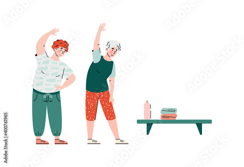 Older women doing physical exercises. Active female pensioners play sports in gym of a nursing home or residential for elderly. Healthy lifestyle. Vector isolated illustration.