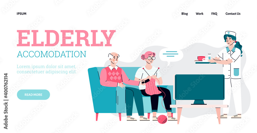 Design web site for nursing home. Female doctor nurse care for elderly people watching tv. House for accommodation, support and assistance gerontology patients. Vector illustration