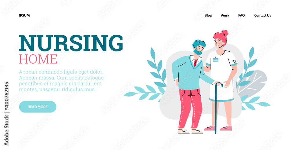 Nursing home website page template with nurse or doctor and senior person cartoon characters, flat vector cartoon illustration. Nursing and caring for the elderly. Nursing home website page template with nurse or doctor and senior person cartoon characters, flat vector cartoon illustration. Nursing and caring for the elderly.
