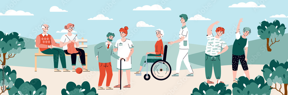 Residents of nursing home at walk performing various leisure activity, flat cartoon vector illustration. Elderly people getting daily care in nursing home. Residents of nursing home at walk performing various leisure activity, flat cartoon vector illustration. Elderly people getting daily care in nursing home.