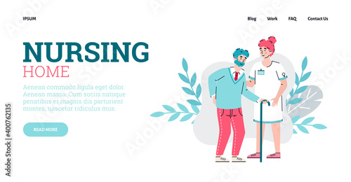 Nursing home website page template with nurse or doctor and senior person cartoon characters, flat vector cartoon illustration. Nursing and caring for the elderly.