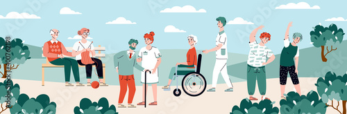 Residents of nursing home at walk performing various leisure activity, flat cartoon vector illustration. Elderly people getting daily care in nursing home.
