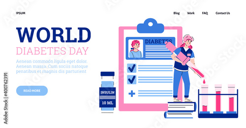 Vector landing page template with world diabetes day concept. Doctor making medical analyses for patient blood sugar level. Awareness for diet, control insulin, therapy for diabetic