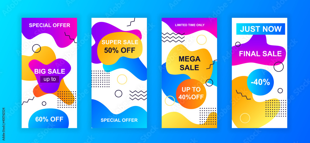 Advertising design social networks instagram stories. Set of sale web banner, poster, cover for online shopping, marketing, promo, discount products. Modern insta cover template. Vector illustration.