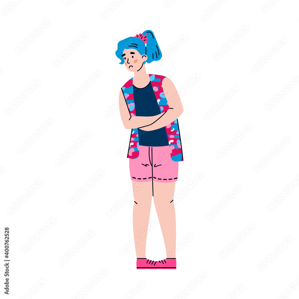 Young woman having abdominal pain and holding her hands on stomach, flat vector illustration isolated on white background. Digestive system diseases and period pain. Young woman having abdominal pain and holding her hands on stomach, flat vector illustration isolated on white background. Digestive system diseases and period pain.