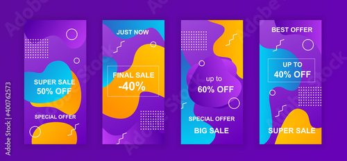 Advertising design social networks instagram stories. Set of sale web banner, poster, cover for online shopping, marketing, promo, discount products. Modern insta cover template. Vector illustration.