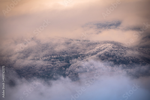 Mountain peaks over the clouds. An unigue vista. Bieszczady National Park. Carpathians. Poland.