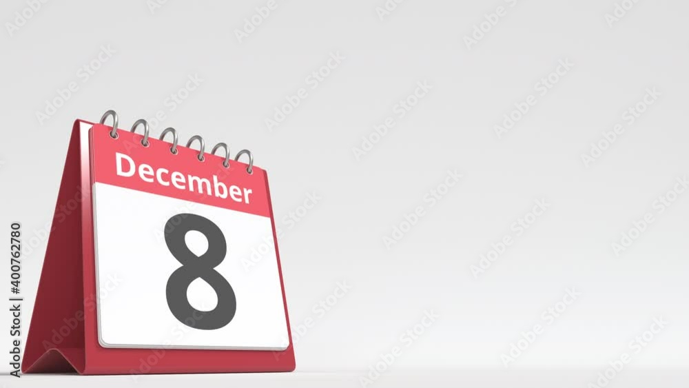 December 8 date on the flip desk calendar page, blank space for user text, 3d animation December 8 date on the flip desk calendar page, blank space for user text, 3d animation