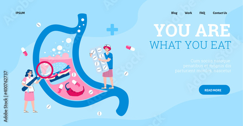 Landing page template for medical diagnostics, treatment of stomach pain. Diseases digestive organs due to poor nutrition, fast food, overeating or poisoning. Vector illustration