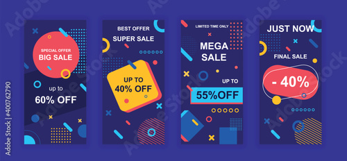 Advertising design social networks instagram stories. Set of sale web banner, poster, cover for online shopping, marketing, promo, discount products. Modern insta cover template. Vector illustration.