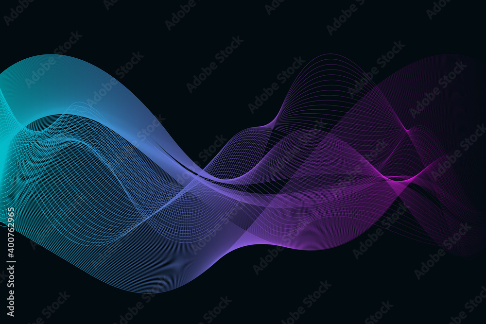 Abstract digital waves over black. Purple and blue gradient color with neon glow hue. Wave disappearing into the darkness. Perfect as background for any design purposes or web banner.