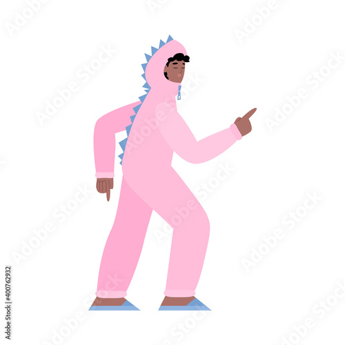 Cheerful young woman dancing in pink kigurumi overall and slippers, cartoon vector illustration isolated on white background. Young girl on pajama party.