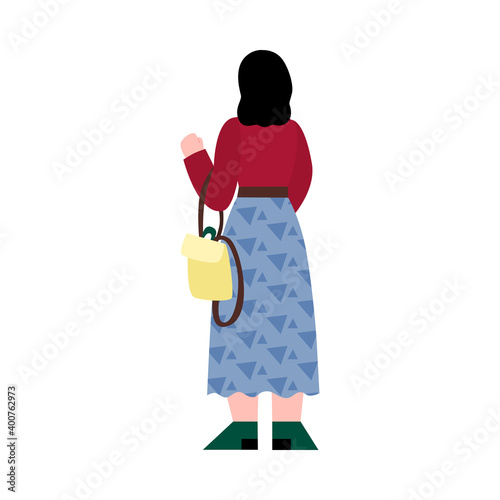 Woman brunette standing with her back, flat cartoon vector illustration isolated on white background. Modern young girl cartoon character in long skirt and sweater.