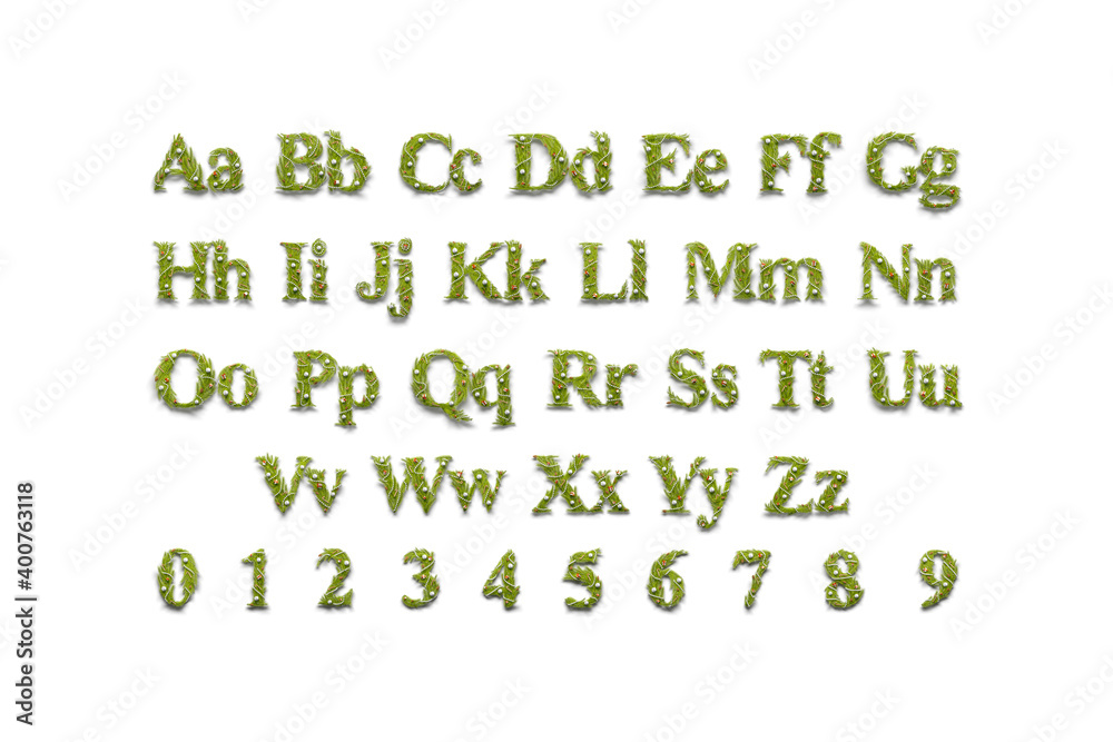 Decorative capital, lowercase, numbers symbol, christmas font mockup set, isolated