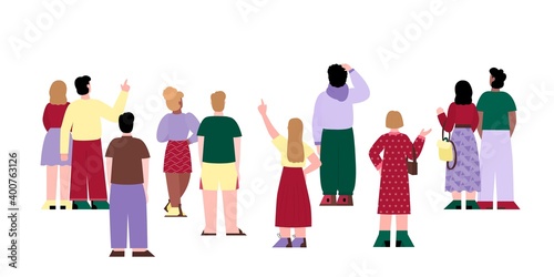 Back view of people standing pair and alone. Crowd of men, women standing in different poses rear view. Characters in casual clothes behind, with backs turned. Vector illustration.