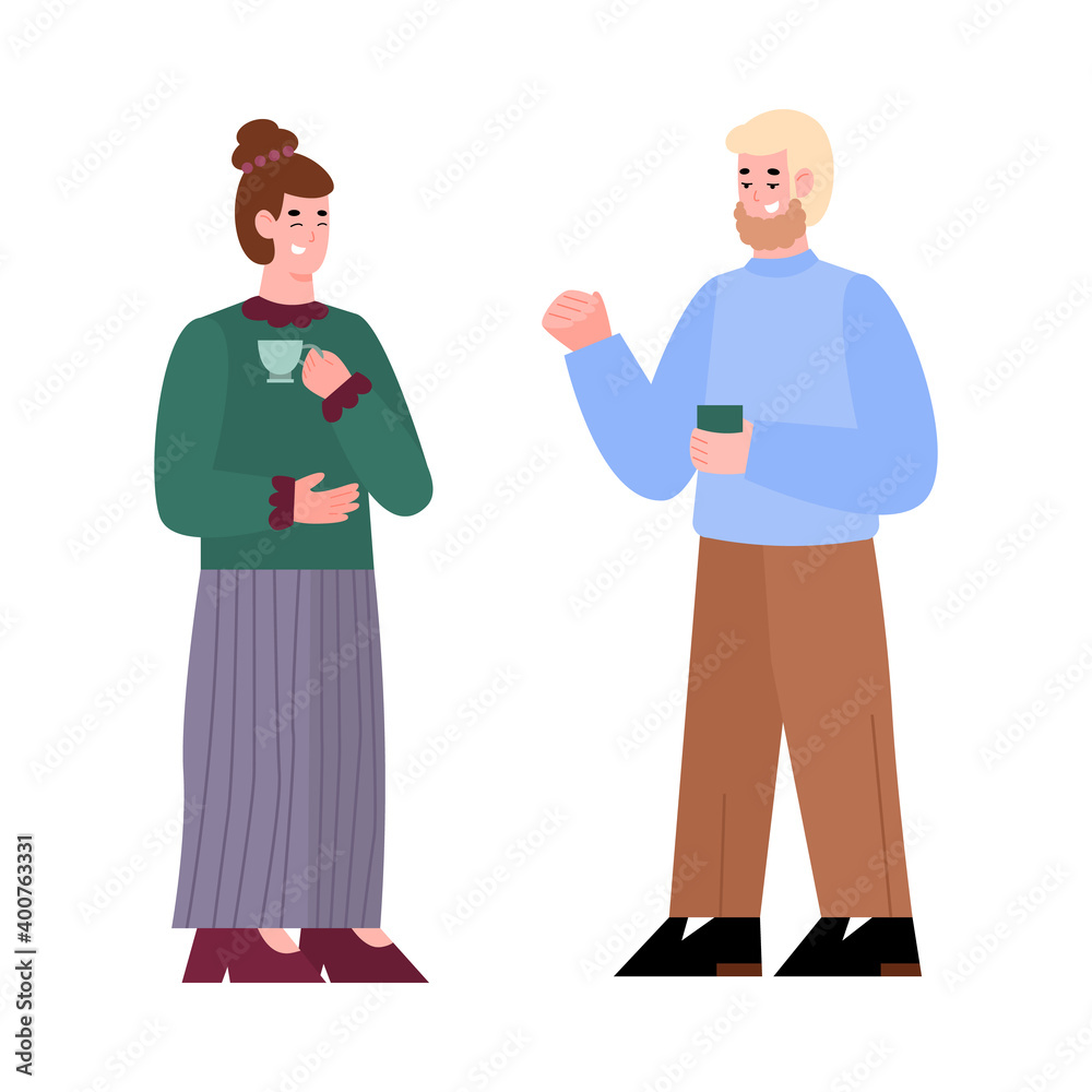 Cartoon people on coffee break - two friends drinking tea and talking isolated on white background. Vector illustration of couple with drink cups.