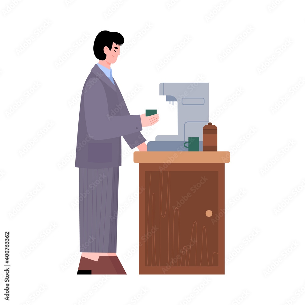 Businessman or office worker preparing coffee during business break, flat cartoon vector illustration isolated on white background. Coffee break at office. Businessman or office worker preparing coffee during business break, flat cartoon vector illustration isolated on white background. Coffee break at office.