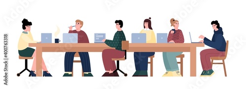 Hackathon team of programers and developers sitting at table and deciding common technical task, flat cartoon vector illustration isolated on white background.