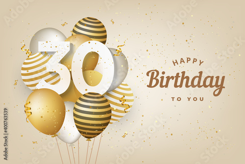Happy 30th birthday with gold balloons greeting card background. 30 years anniversary. 30th celebrating with confetti. Vector stock
