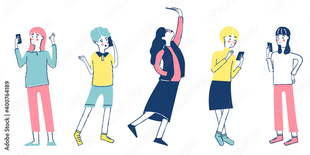 Set of people use smartphone. Collection of woman hold mobile phone. Mobile internet. Social media. Taking selfie. Modern communication technology. Hand drawn doodle flat vector illustration design. Set of people use smartphone. Collection of woman hold mobile phone. Mobile internet. Social media. Taking selfie. Modern communication technology. Hand drawn doodle flat vector illustration design.