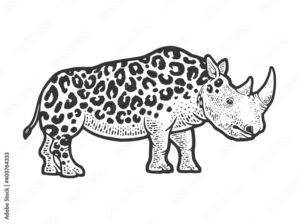 Fototapeta premium fictional animal rhinoceros leopard sketch engraving vector illustration. T-shirt apparel print design. Scratch board imitation. Black and white hand drawn image.