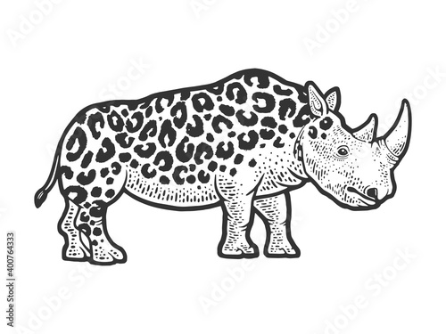 fictional animal rhinoceros leopard sketch engraving vector illustration. T-shirt apparel print design. Scratch board imitation. Black and white hand drawn image. © Oleksandr Pokusai