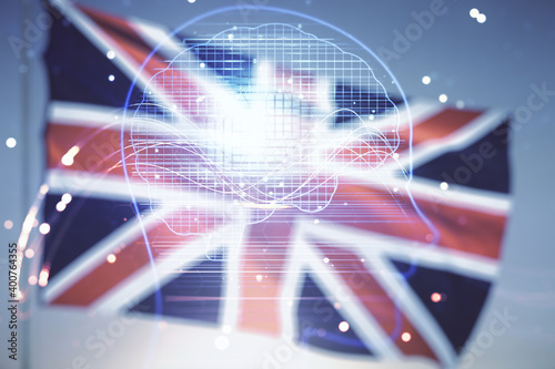 Double exposure of creative human head microcircuit hologram on flag of Great Britain and blue sky background. Future technology and AI concept