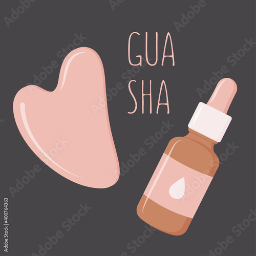 Massage Gua Sha scraper and face oil. Home facial care. 
