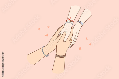 Togetherness, care, holding hands concept. Hands of loving caring people couple one in another meaning mutual love, tenderness and support illustration, close-up 