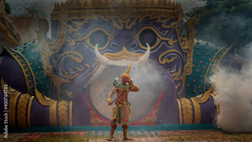 Fotografie Khon is art culture Thailand Dancing in masked Tos-sa-kan and Hanuman are fighting in literature Ramayana