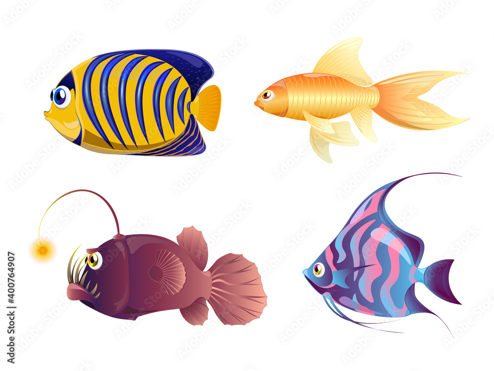 Tropical fish realistic set. Multi-colored set of nine different types of coral reef fishes.