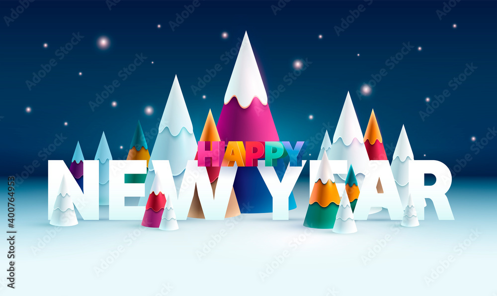 Obraz premium New year landscape. Night Christmas forest with big white inscription.