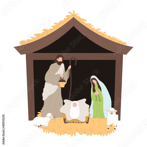 Nativity scene with baby Jesus in a manger with Mary and Joseph. Illustration of the Birth of Christ, Christmas manger with a baby. Vector illustration