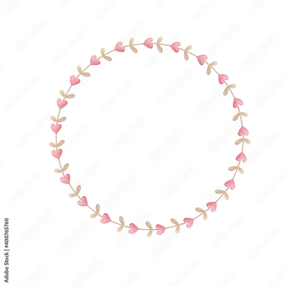round frame with twigs with hearts for valentine's day in pink gentle colors, children's illustration in watercolor on a white background