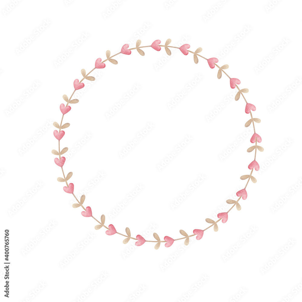 round frame with twigs with hearts for valentine's day in pink gentle colors, children's illustration in watercolor on a white background round frame with twigs with hearts for valentine's day in pink gentle colors, children's illustration in watercolor on a white background