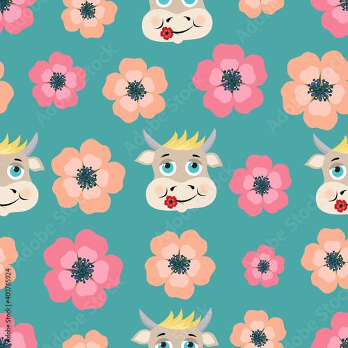 Seamless pattern cartoon bull muzzle on a background of a flower meadow. 