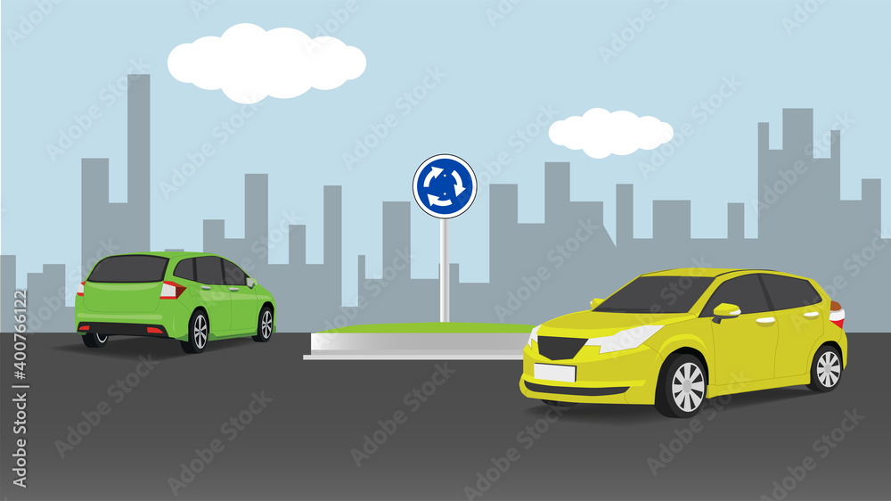 Two car driving on the roundabout road with background of big city and blue sky.  Road sign roundabout blue white center point.