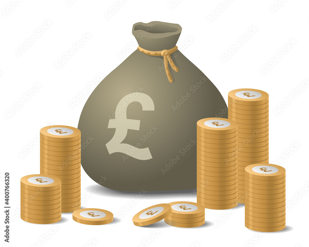 Money pounds bag with coins stacks isolated over white. Vector illustration. Money pounds bag with coins stacks isolated over white. Vector illustration.