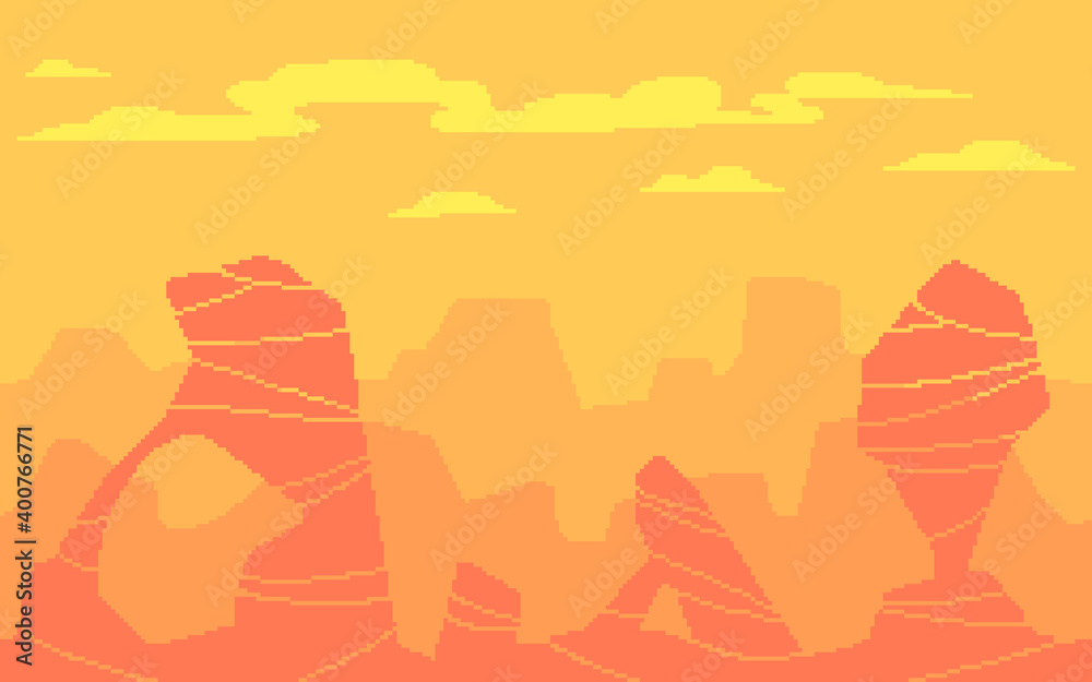 Pixel art game location. Hot desert with stones different shapes.