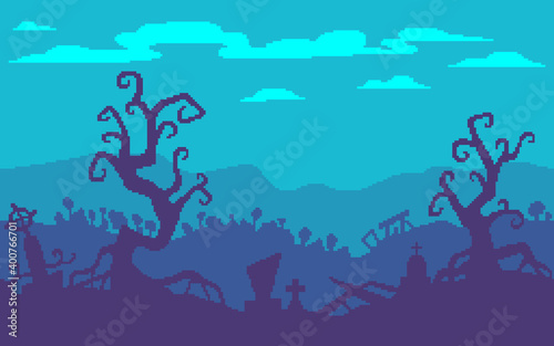 Pixel art game location. A haunted forest with graves.