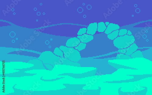 Pixel art game location. Ocean floor with stones and corals.