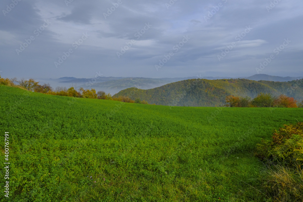 Fototapeta premium Foggy mountains landscape across cloudy sky, greenfield, dry grass. Natural background