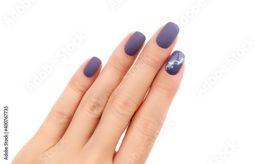 Beautiful burgundy matte manicure on white background.